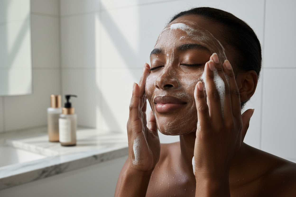 Person washing face with cleanser